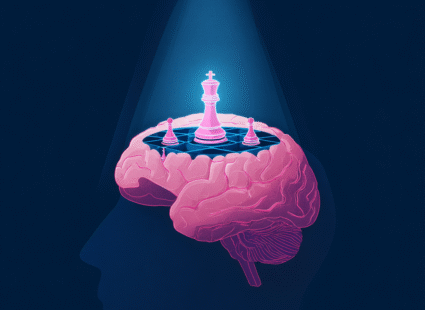 A brain with chess pieces inside, thinking of a marketing strategy