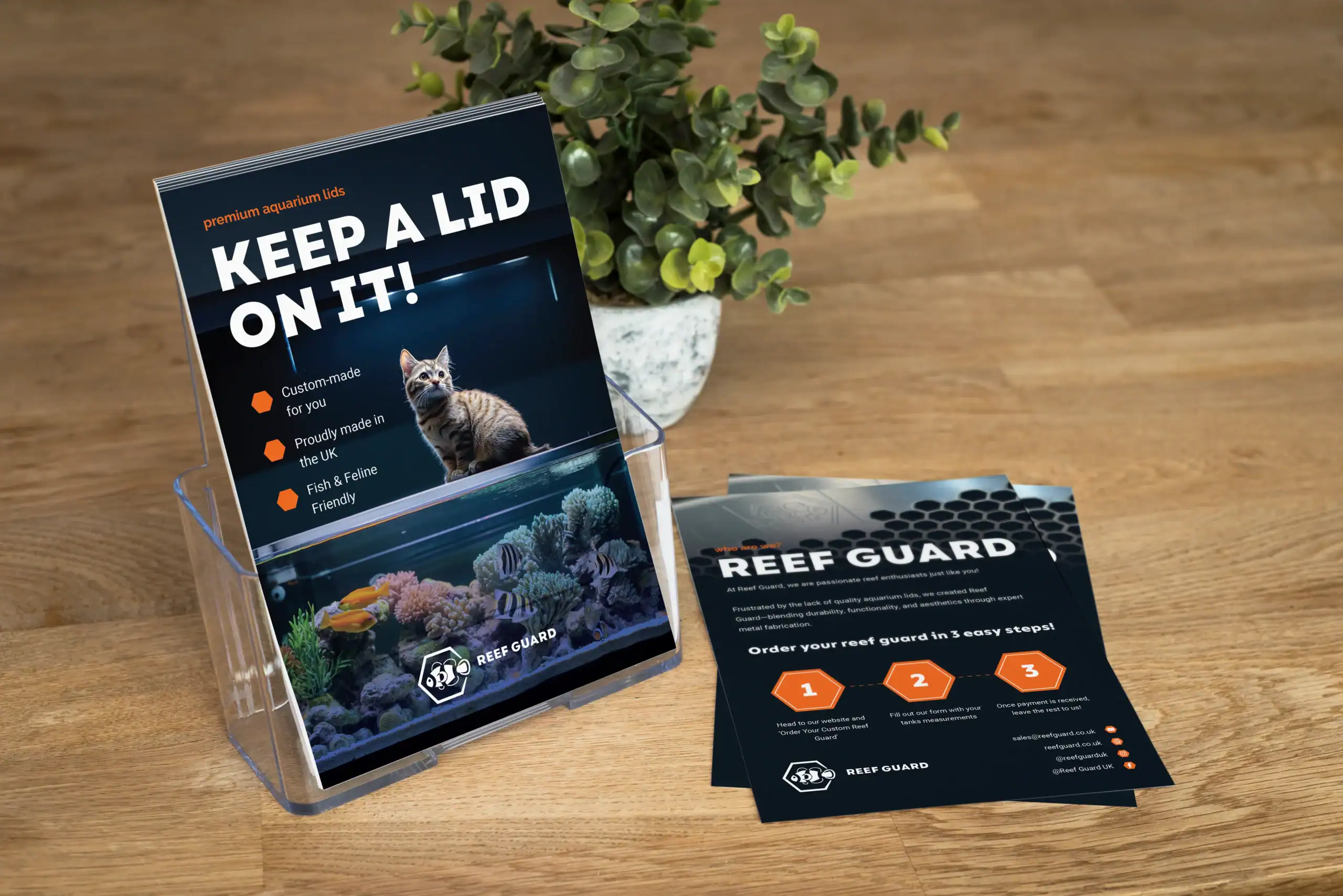 Traditional marketing services, a flyer design we created for our client, Reef Guard for an exhibition stand